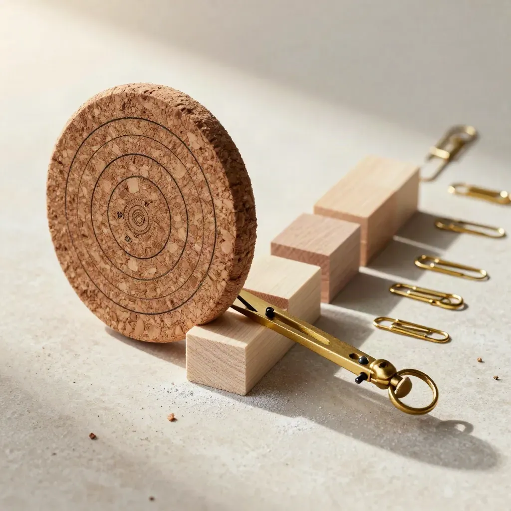 Dischi di sughero, blocchi di legno, compasso e clip in ottone su intonaco chiaro.