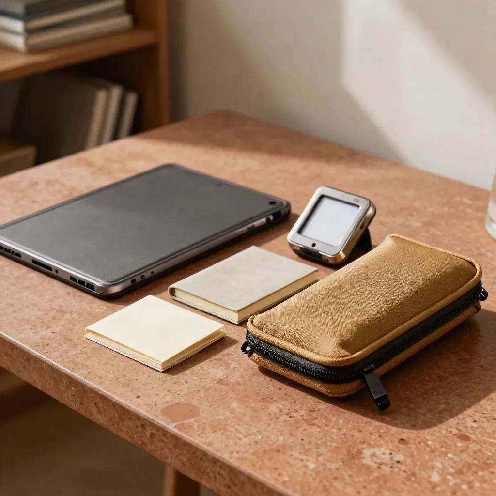 Kit per contenuti: tablet chiuso, mini LED, quaderno, sleeve e custodia microfono su travertino.