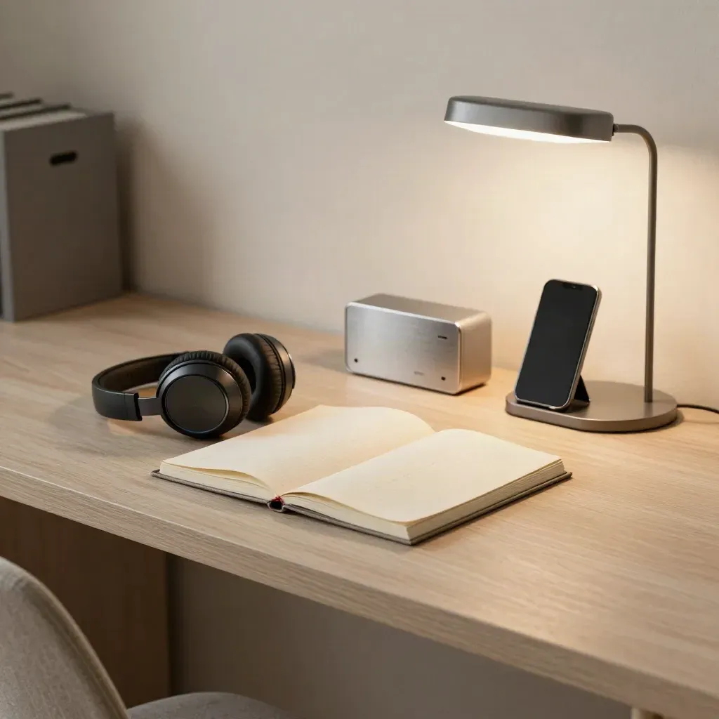 Scrivania focus minimale con notebook, cuffie, timer, dock e lampada accesa