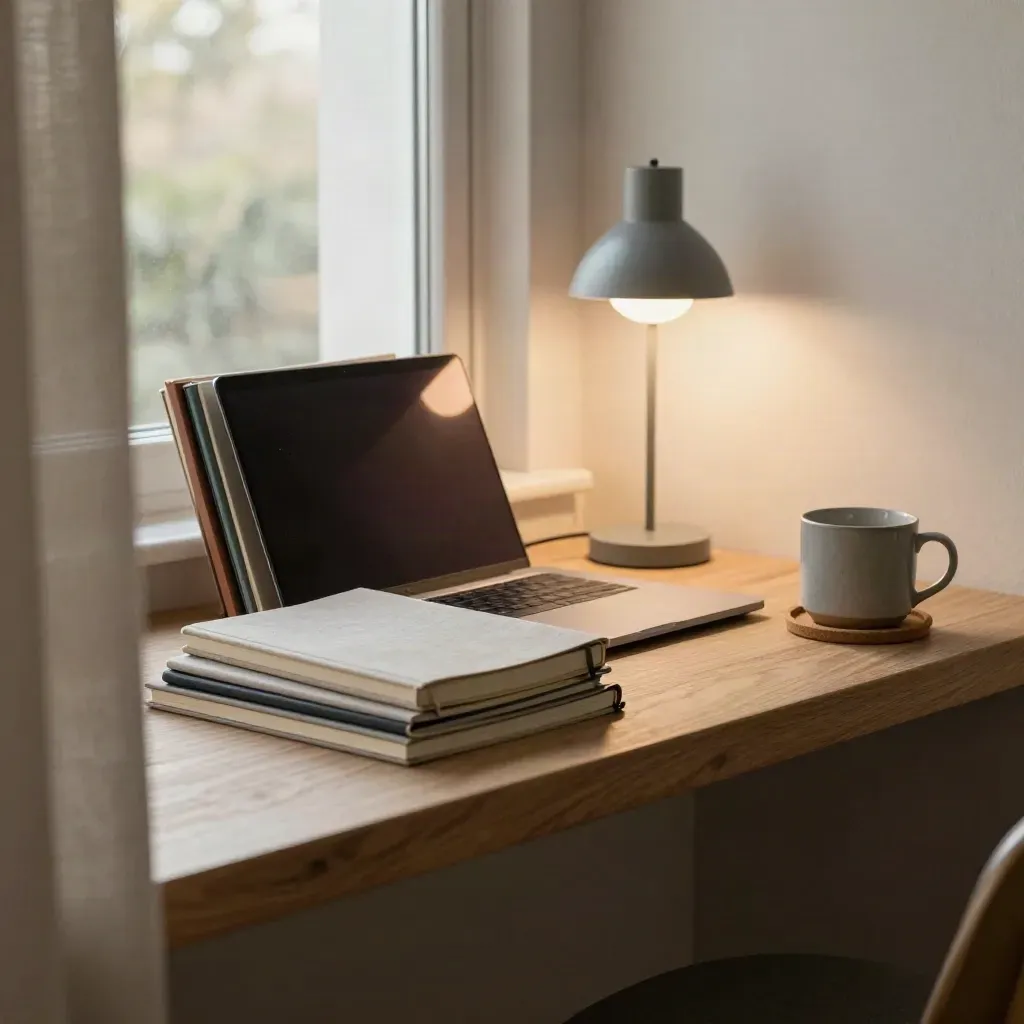 Angolo studio ordinato con cinque quaderni colorati, laptop chiuso, lampada e tazza pronta.
