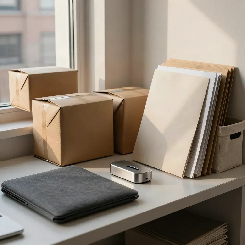 Postazione freelance pronta alla spedizione con tre pacchi sigillati, laptop chiuso e cartelle allineate.