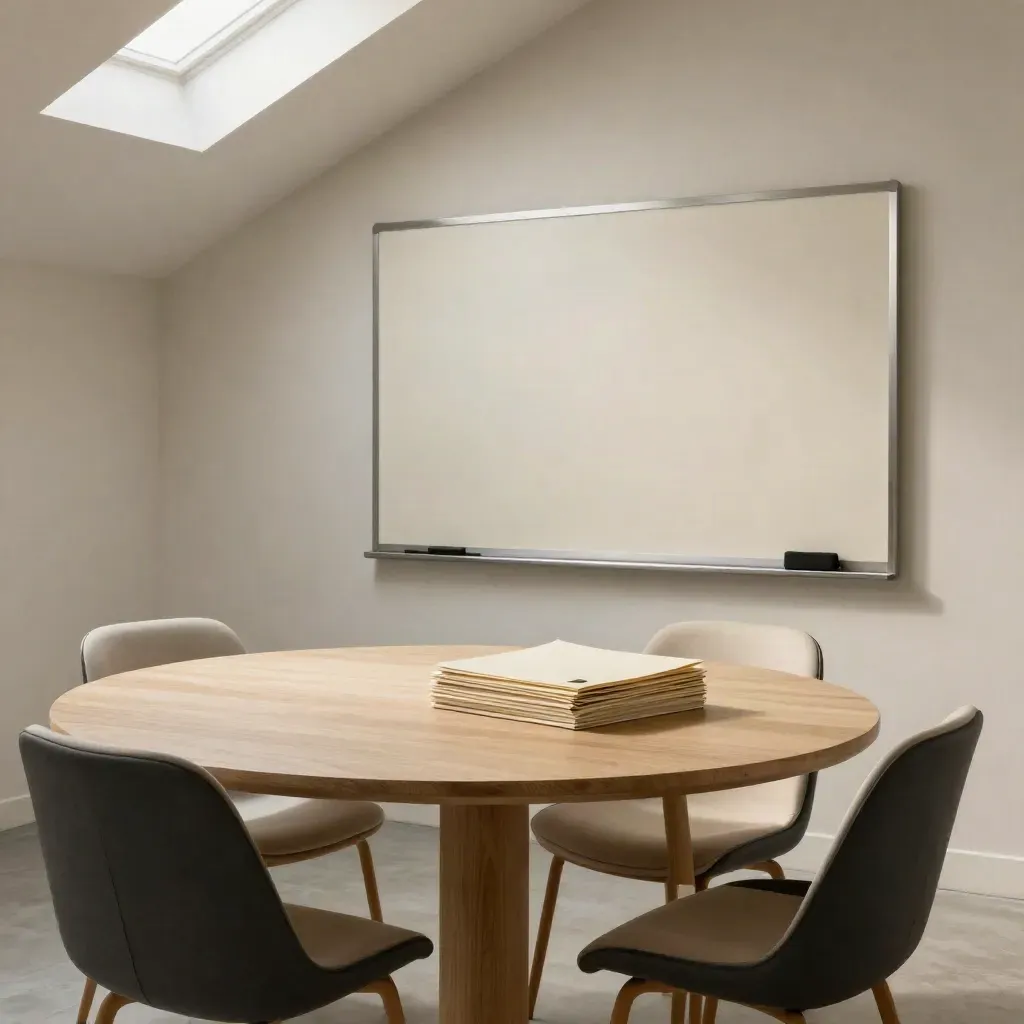 Sala riunioni minimale con tavolo tondo, tre sedie, lavagna bianca e cartelle ordinate.