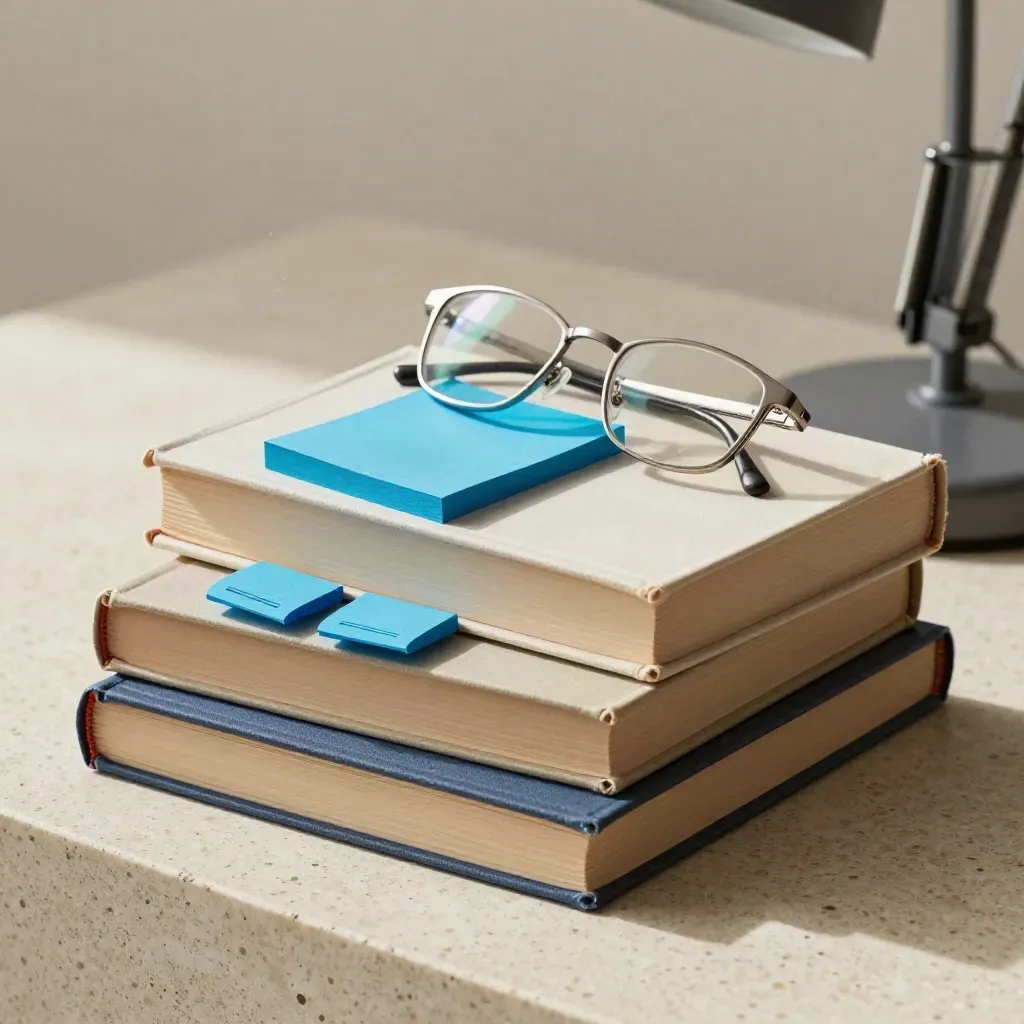 Libri, tab adesivi blu, occhiali piegati e base di lampada su pietra chiara.