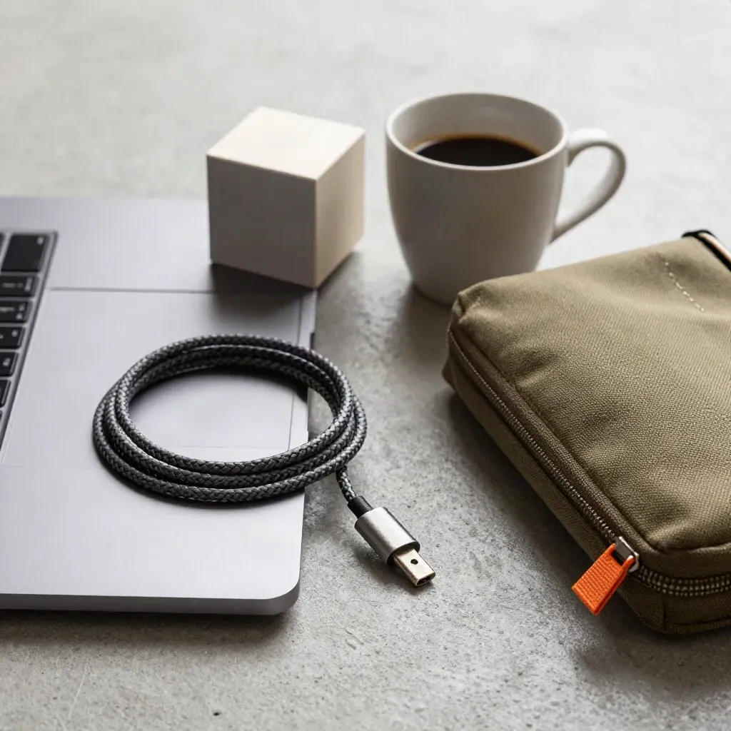 Laptop chiuso, cavo, tazza di espresso, cubo calendario e pouch su cemento chiaro.