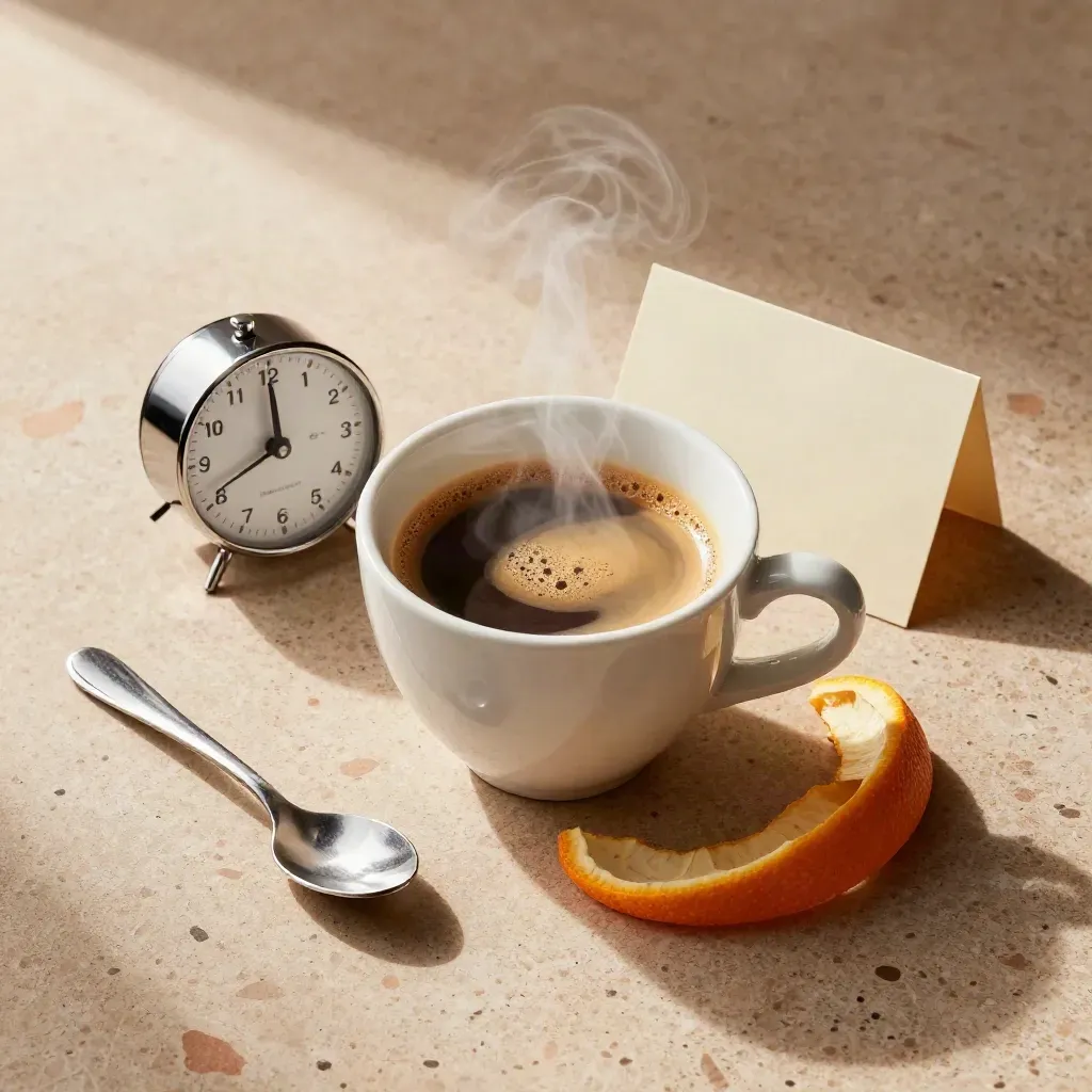 Tacchino? tazza di espresso, timer e scorza d’arancia su terrazzo chiaro