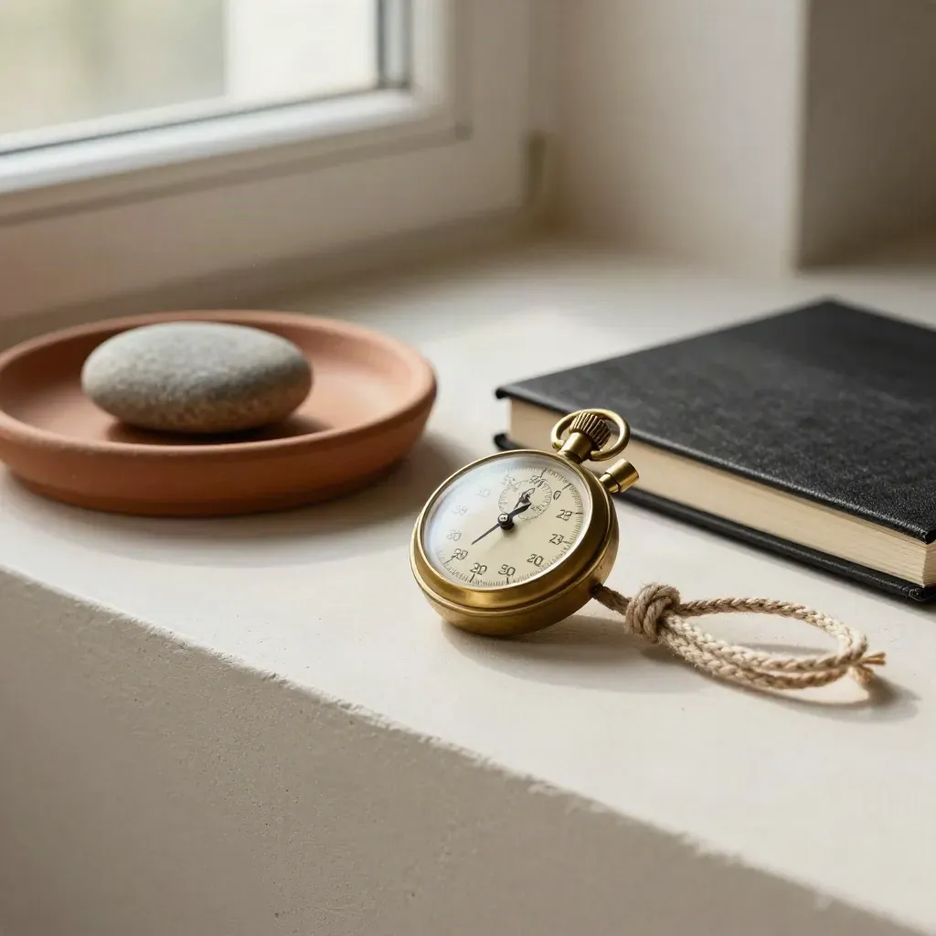 Stopwatch in ottone, corda annodata, quaderno nero e pietra su vassoio chiaro.