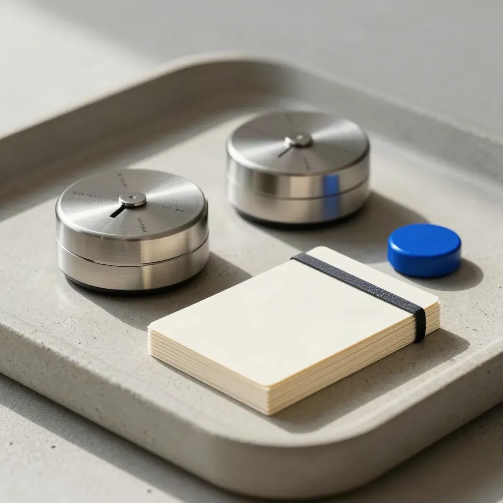 Timer gemelli, token blu e card con elastico su vassoio in pietra, luce soffusa.