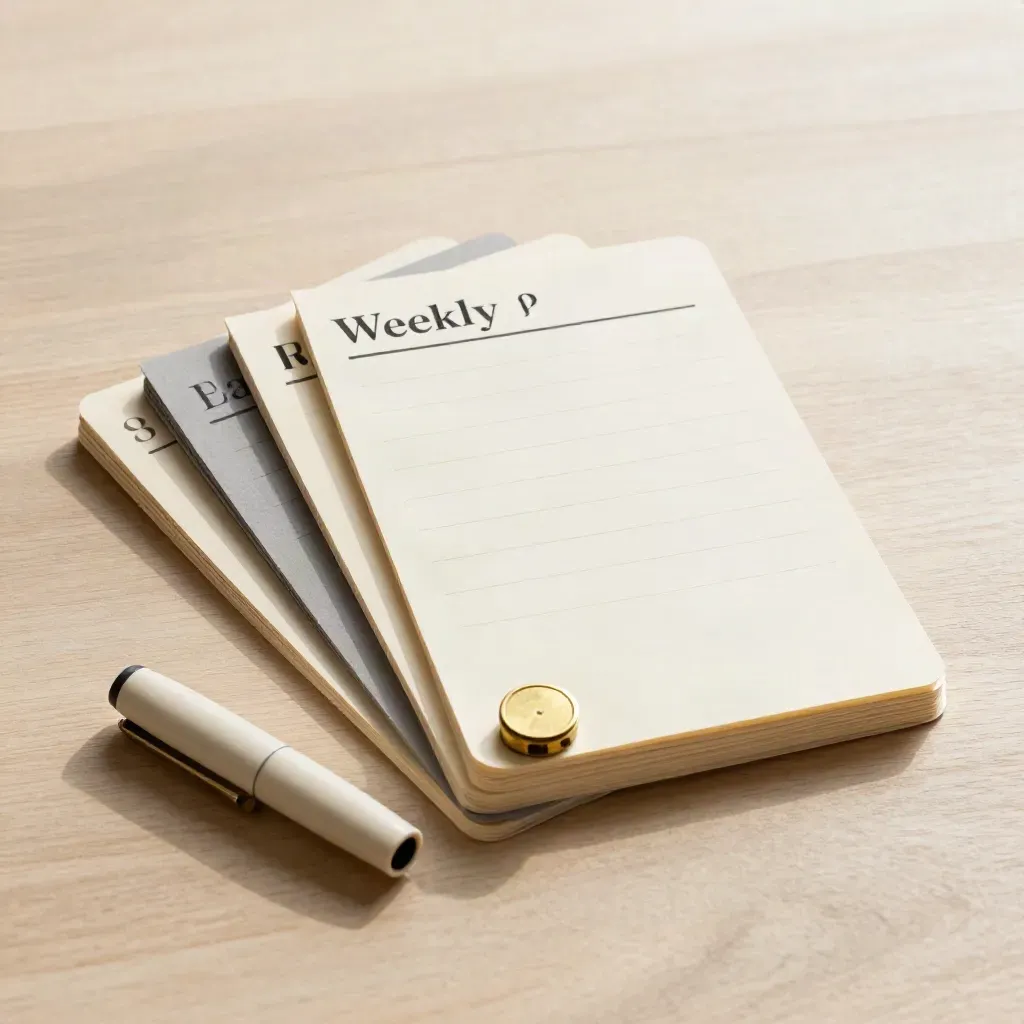 Carte di pianificazione su legno chiaro con tab, cappuccio penna e segnalino in ottone.