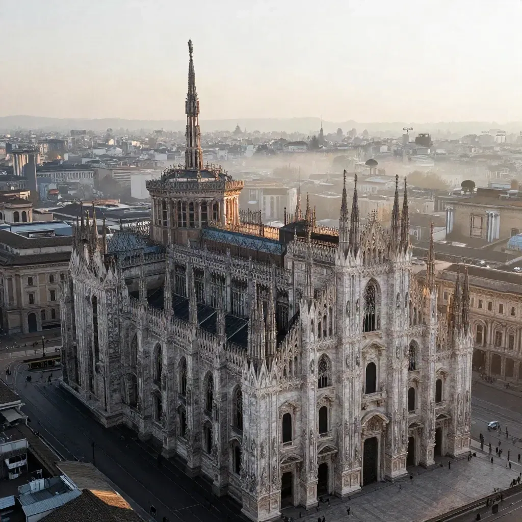 Skyline di Milano all’alba con il Duomo tra foschia e tetti chiari