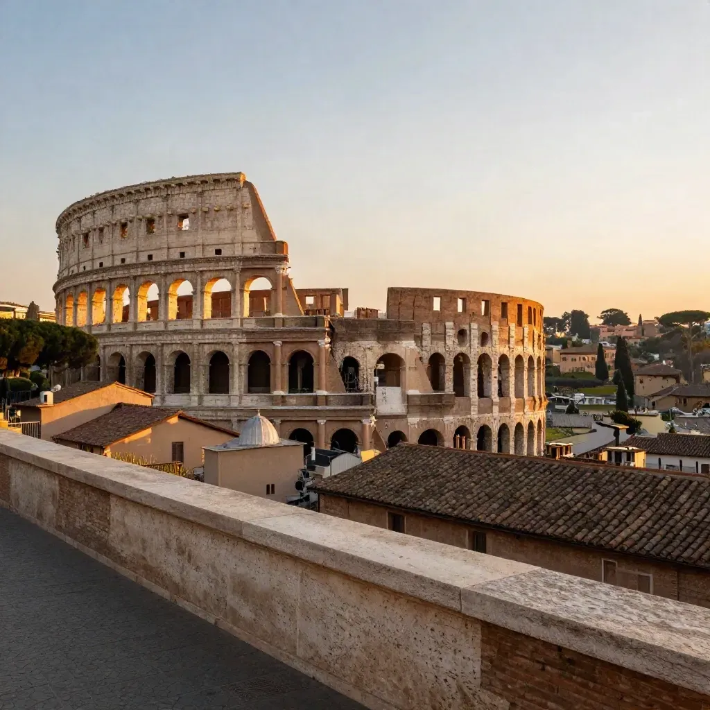 Veduta del Colosseo e tetti di Roma al tramonto, con ampia fascia vuota per il testo.