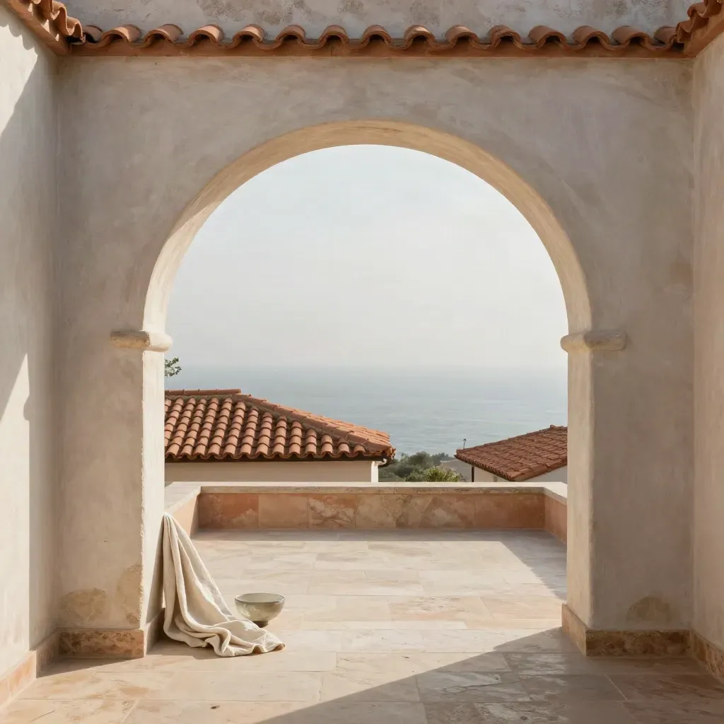 Veranda luminosa con arco, tetti in terracotta e foschia marina, spazio calmo per il testo.