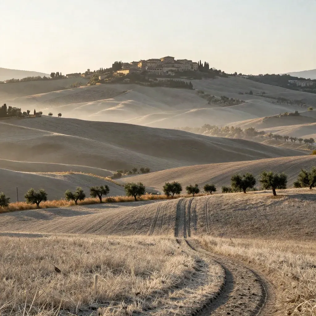 Colline appenniniche dell’Emilia-Romagna al tramonto con borgo lontano e campo morbido.